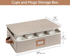 StorageWorks China Storage Container, Stackable Mug Storage Box with Dividers, Stemware Storage Cases, Hard Shell China Cup Organizer, Holds 12 Tea Cups and Coffee Mug, 1 Pack, Brown and Beige