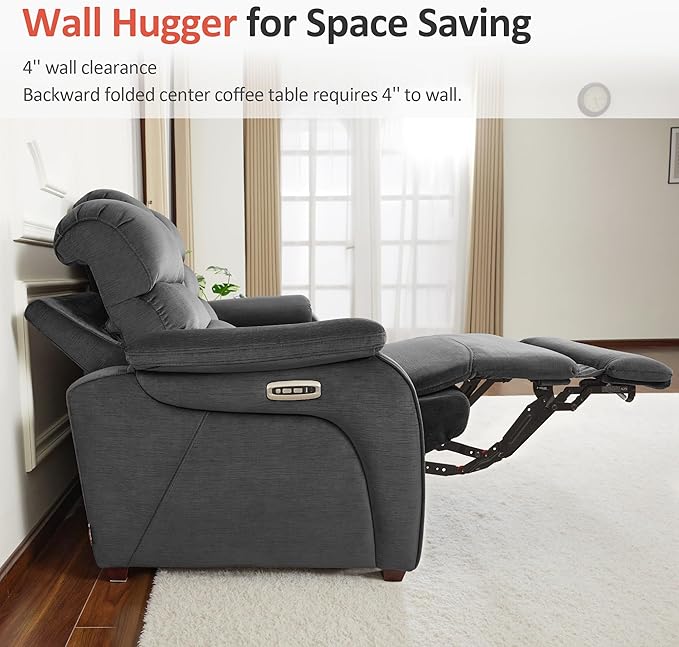 MCombo Wall Hugger Recliner Sofa with Drop Down Table, Power Reclining Sofa with Adjustable Headrest, USB A&C Charge Ports, Reading Lamp, Cup Holders, for Living Room, RVs (Fabric, ST258M3, Dark Grey)