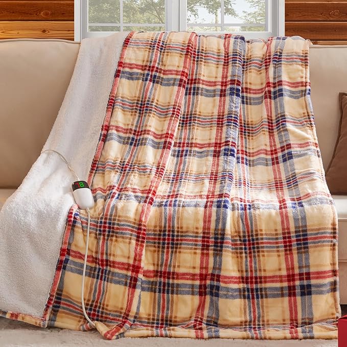 Heated Blanket Electric Full Size,72X84 Heating Blanket,Brown Plaid Soft Sherpa Blankets Warmer Gift for Grandma Women Adult,Fast Heating Washable,ETL