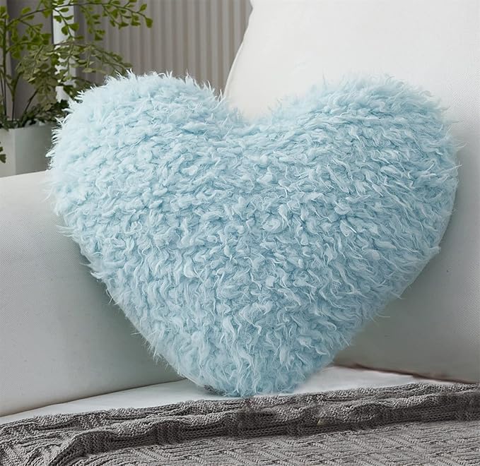 MOOWOO Fluffy Heart Throw Pillow with Pillow Cover and Insert, Shaggy Faux Fur, Decorative Design for Indoor and Outdoor, (Blue, Heart Shape-15.7X15.7Inches)
