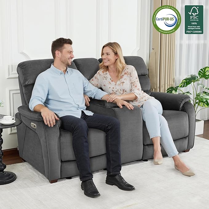MCombo Zero Wall Recliner Loveseat with Console, Power Recliner Loveseat with Adjustable Headrest, USB A & C Charge Ports, Cup Holders, for Living Room, RVs, Small Spaces (Fabric, ST258M2, Dark Grey)
