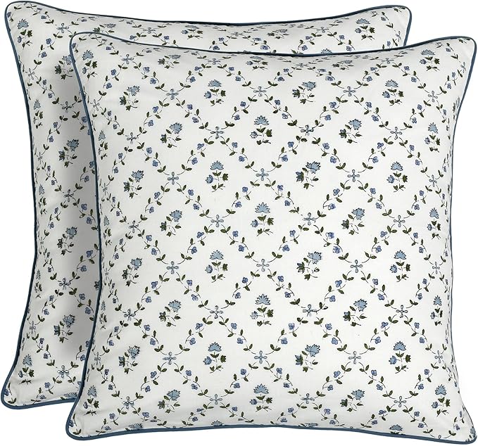 Ridhi Powder Blue Print Cotton Throw Pillow Covers for Decorative Couch Pillows for Living Room, Chic Boho Cute Outdoor Thanksgiving Ruffel Pillows Covers Gifts 16x16 Inches