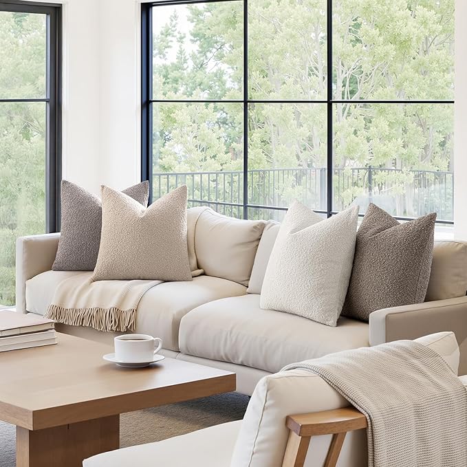 MIULEE Pack of 4 Decorative Textured Boucle Throw Pillow Covers 18x18 Inch Neutral Accent Solid Pillow Cases Soft Couch Cushion Covers for Modern Farmhouse Boho Chair Sofa Bed Livingroom Home Decor