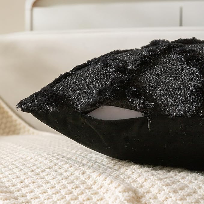 Set of 2 Soft Moroccan Throw Pillow Covers 12x20 Inch Plush Boho Decorative Pillow Cover Accent Cushion Case for Couch Sofa Bed, Black