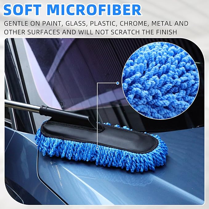 Tanlade 2 Pack Microfiber Car Duster Exterior Scratch Free with Extendable Handle Soft Car Duster Kit for Cleaning Dust Brush Set for Exterior Interior Cleaning Tools (Blue)