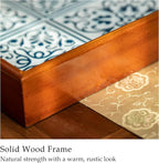 Rustic Wooden Frame Tray with Iron Printed Blue White Pattern, Mediterranean Style Decorative Serving Tray, Velvet Lined Base, Multi-Layer Construction for Home Decor and Organizing 15.6"x11.6"x2.2"