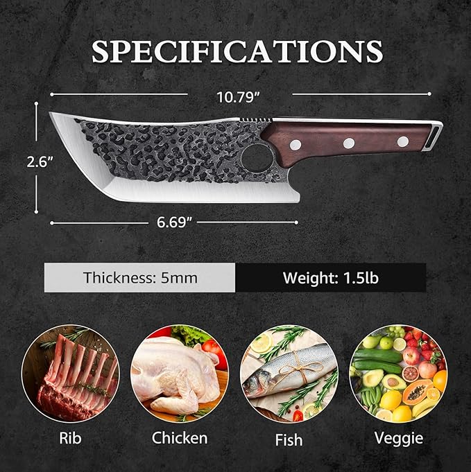 TOMBRO Meat Cleaver - 6.7" Heavy Duty Butcher Knife, High Carbon Steel Chef Knife,Full Tang Bone Chopper Meat Knife with Sheath for Outdoor Camping, BBQ, Kitchen