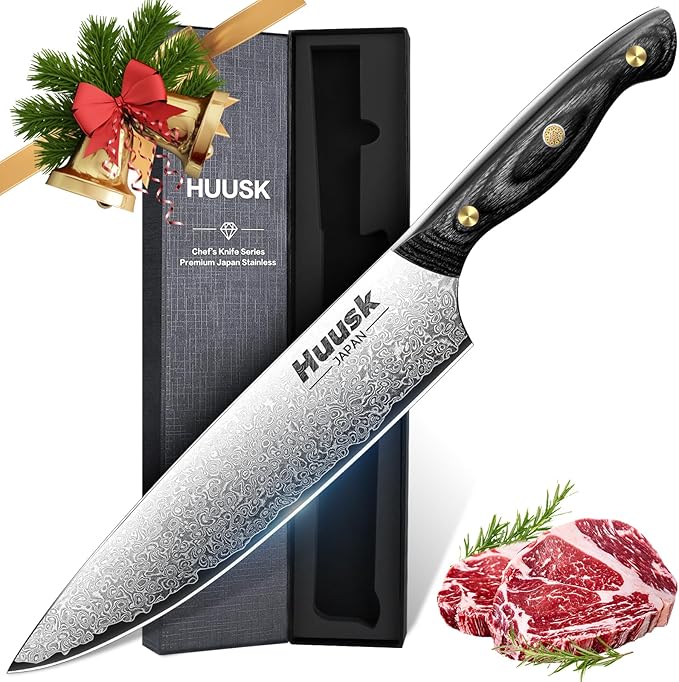 Huusk Damascus Chef Knife 8 inch, VG10 Kitchen Knife, Sharp Cooking knife with Ergonomic Wooden Handle for Vegetable Fruit and Meat Cutting, Birthday Dad Mom Gift