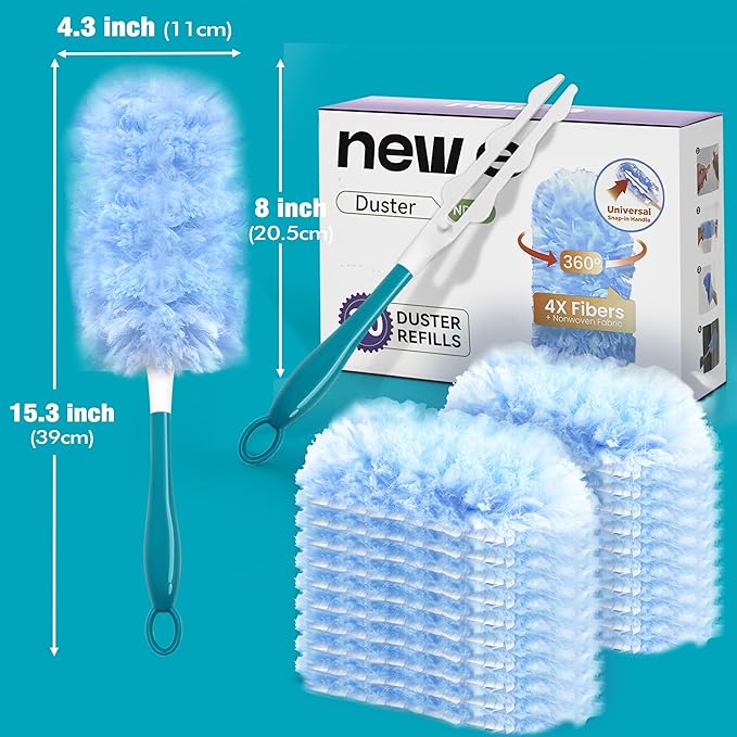 NEWE Duster Refills 20 PCS with Handle Compatible with Swiffer, 360 Degree Heavy Duty Dusting Kit with 4X Microfibers, Multi-Surface Dust Removing Tool for Cleaning Blinds Bookshelf Furniture