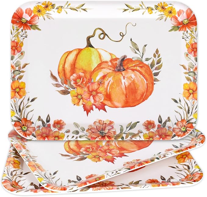 3Pcs Fall Serving Trays Reusable Watercolor Pumpkin Flower Platter Vintage Autumn Serving Dishes for Thanksgiving Sharing Snacks Fruit Dessert Candy