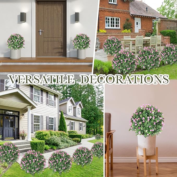 Yunlly Set of 2 Artificial Boxwood Topiary Ball Tree Fake Bushes Shrubs Outdoor Faux Plant with Ground Spike Flowers UV Resistance Greenery for Front Porch Garden Patio Indoor(Light Pink,27x18inch)