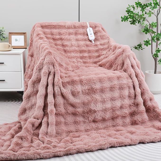 Heated Blanket Electric Throw- 50"x60" Soft Thick Bubble Electric Blanket for Sofa with 5 Heat Levels & 4 Hours Auto-Off Overheat Protection, Warm Cozy Gifts, Pink