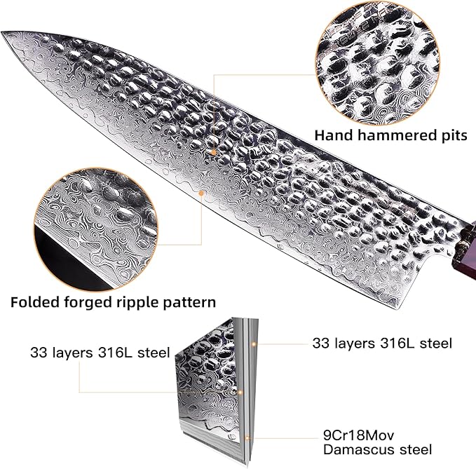 FINDKING Eternity Series Japanese Chef Knife with ABS sheath, Professional Kitchen Knife, 9Cr18MoV Damascus Steel Blade, Resin Octagonal Handle, Sharp, for Meat Cutting, 8 Inches