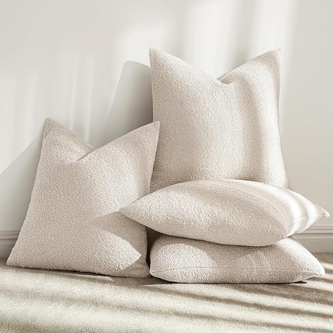 MIULEE Pack of 4 Decorative Textured Boucle Throw Pillow Covers 20x20 Inch Beige Accent Solid Pillow Cases Soft Couch Cushion Covers for Modern Farmhouse Boho Chair Sofa Bed Livingroom Home Decor