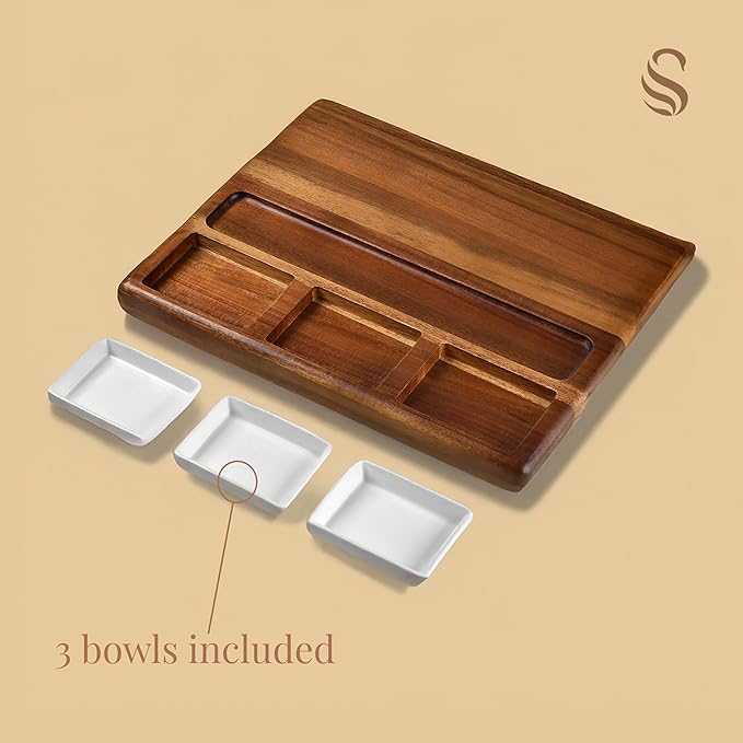Shanik Large Acacia Wood Charcuterie Board Set – Includes 3 Removable Ceramic Bowls & Serving Utensils, Elegant Entertaining Gift for Any Occasion