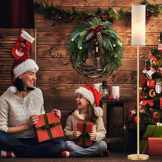 Ambimall Floor Lamp for Living Room with 3 Color Temperatures Bulb, 64" Standing lamp with Linen lampshade for Bedroom, Minimalist Pole Lamp, Beige Shade & Gold Pole