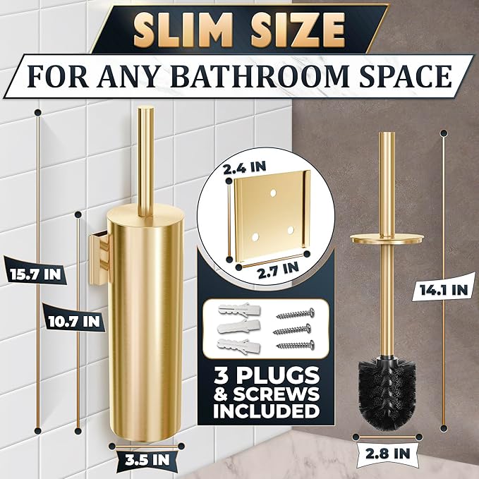 Gold Toilet Brush and Holder Set with Wall Mount - Modern Wall Mounted Toilet Brush Made from Corrosion-Resistant Stainless Steel - Removable Inner Bowl, Splash Protection & Dense Bristles Supplied