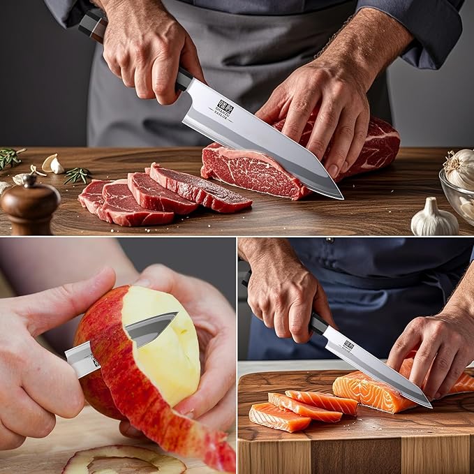 SHAN ZU 3PCS Japanese Knife Set, 9 Layers 10Cr15MoV High Carbon Steel Professional Kitchen Knives, Sharp Chef Knife Set with Ergonomic Red Sandalwood Handle, Cooking & Cutting Knives Set and Gift Box