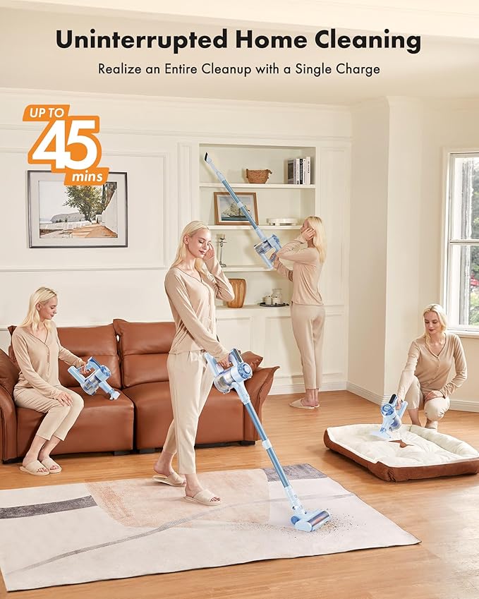 Cordless Vacuum Cleaner, 8-in-1 Lightweight Stick Vacuum with 45mins Runtime, Powerful Suction, Rechargeable Cordless Vacuum for Carpet, Tile, Pet Hair, Hardwood Floors, Blue