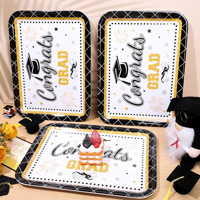 3Pcs Graduation Serving Trays 13 x 10 Inch Bachelor' s Hat Diploma Glitter Reusable Platter Congrats Grad Serving Dishes for Graduate Party Sharing Snacks Fruit Dessert