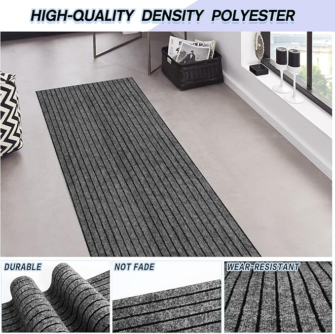 Custom Size Backed Non-Slip Area Rugs Runner, Easy Clean, Waterproof Runner Rugs for Hallway Entryway, Kitchen, Laundry, 3FT x 42FT, Gray Stripe