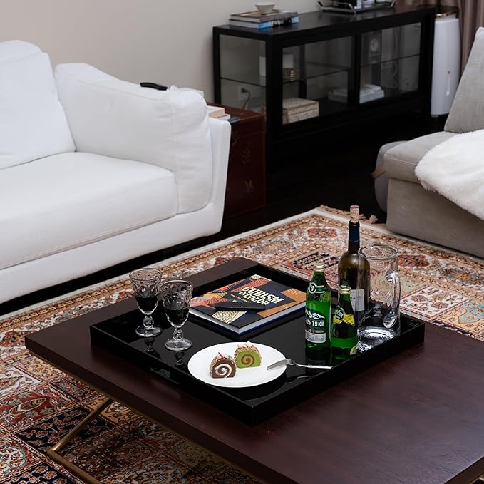 Clear Oversize Acrylic Serving Tray with Handles 24x24 Inch -Spill Proof- Decorative Trays Countertop Organizer for Ottoman,Nightstand, Sidetable, Butler (Glossy Black)