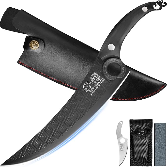 XYJ Authentic Since 1986, FULL TANG 10 Inch Boning Knife With Sheath, Stainless Steel Deboning Meat Cleaver for Meat Cutting, Vegetable Kitchen Knife for Outdoor Camping