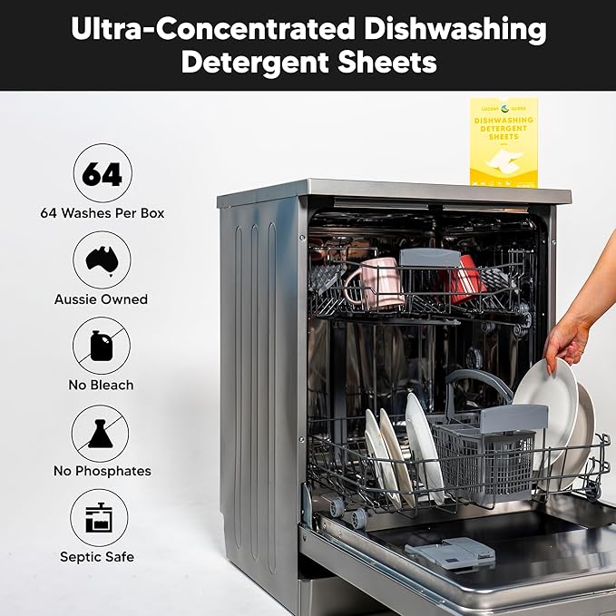 Dishwasher Dishwashing Detergent Sheets, Dish Soap & Dishwashing Tablets Alternative. Plant-Based, Eco-Friendly, Fully Biodegradable, Lemon Scent & Plastic Free Packaging (64 Sheets)