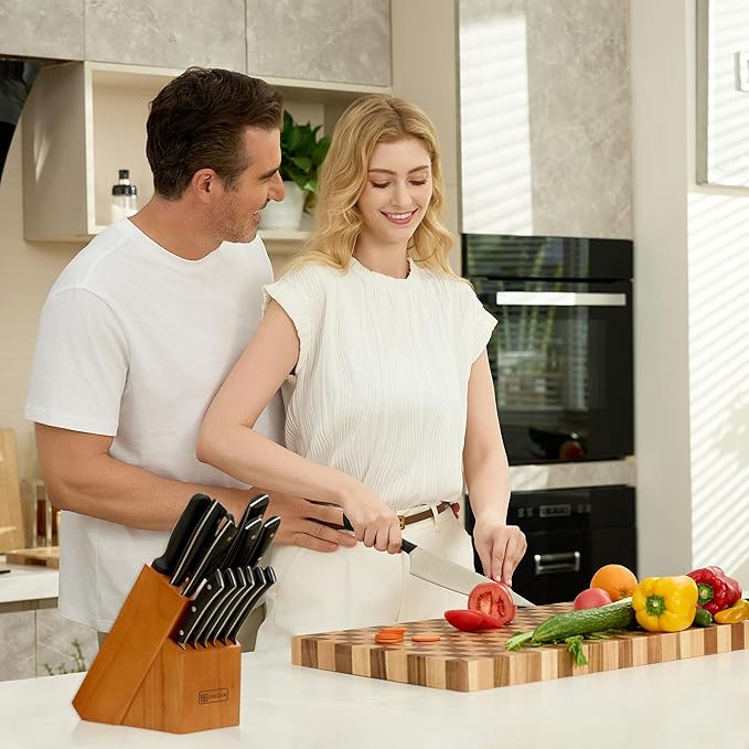 PAUDIN Knife Block Set, 15-Piece Knife Set with Block, High Carbon German Steel Kitchen Knife Set with Block and Sharpener, Sharp Knives Set for Kitchen, Precision Cutting with Ergonomic Handle