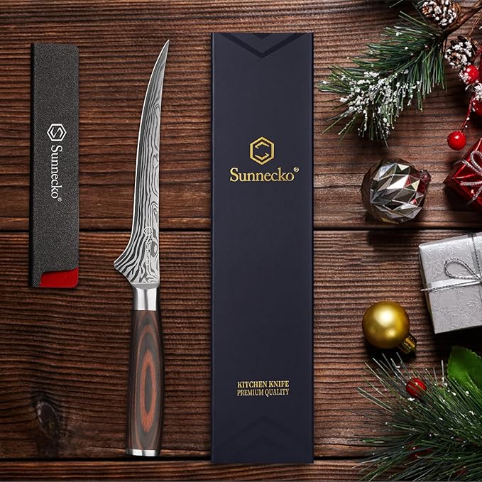 Sunnecko Boning Knife with Pakkawood Handle,6 inch High Carbon German Stainless Steel Fillet Knife for Meat and Poultry