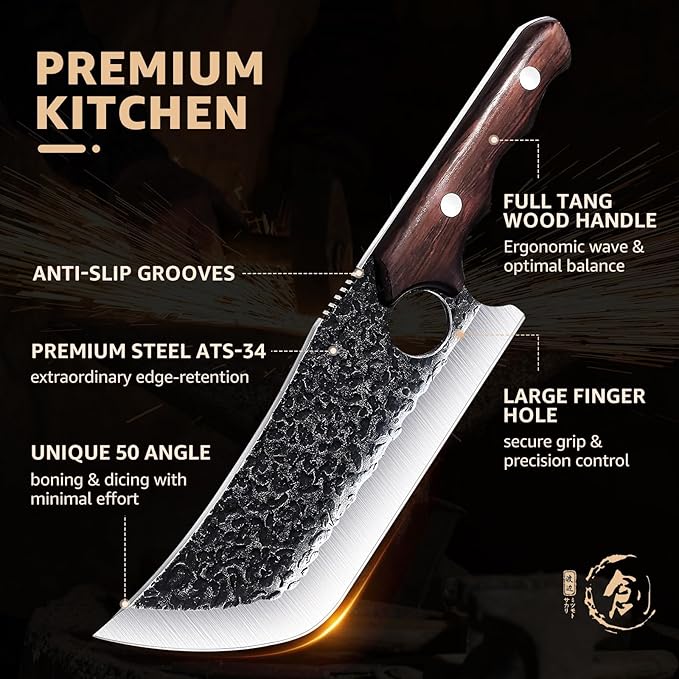 Hand Forged Meat Cleaver Knife Fathers Butcher Knives for Meat Cutting Full Tang Chef Knife with Belt Sheath and Gift Box High Carbon Steel for Kitchen or Camping, Gift for Dad
