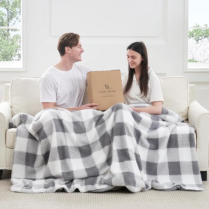 Cozy Bliss Luxury Sherpa Throw Blanket for Couch, Premium Reversible Buffalo Plaid Thick Throw, Warm Cozy Soft Blanket for Home and Gifts (Grey, 60" x 80")