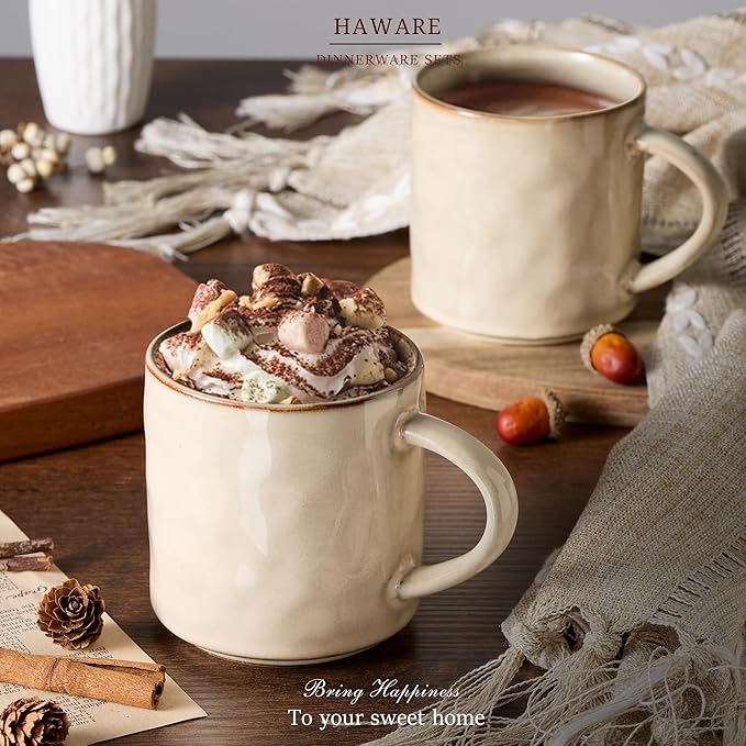 HaWare 14OZ Coffee Mugs Set of 6, Stoneware Coffee Cups with Handle, Latte Mug for Man, Woman, Dad, Mom, Modern Tea Mugs for Latte/Cappuccino/Cocoa/Milk, Dishwasher& Microwave Safe, Saturn Khaki