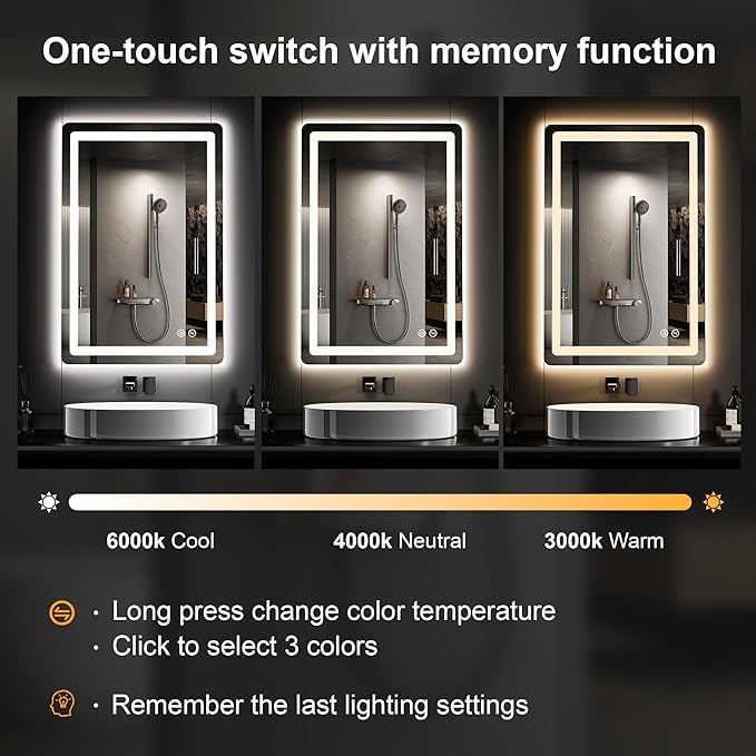 Led Bathroom Mirror, 36x24 Bathroom Vanity Mirror for Wall with Light, IP54 Enhanced Anti-Fog, Dimmable 3 Colors, Memory Function, Backlit and Front Lit, Shatter-Proof Glass, Plug-in/Hardwired
