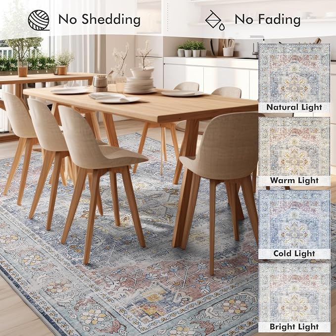 Pink Slate Blue Washable 5x7 Area Rugs for Living Room Rug Bedroom Rug-Carpet Vintage Traditional Dining Room Rugs Office Soft Comfortable Non Slip