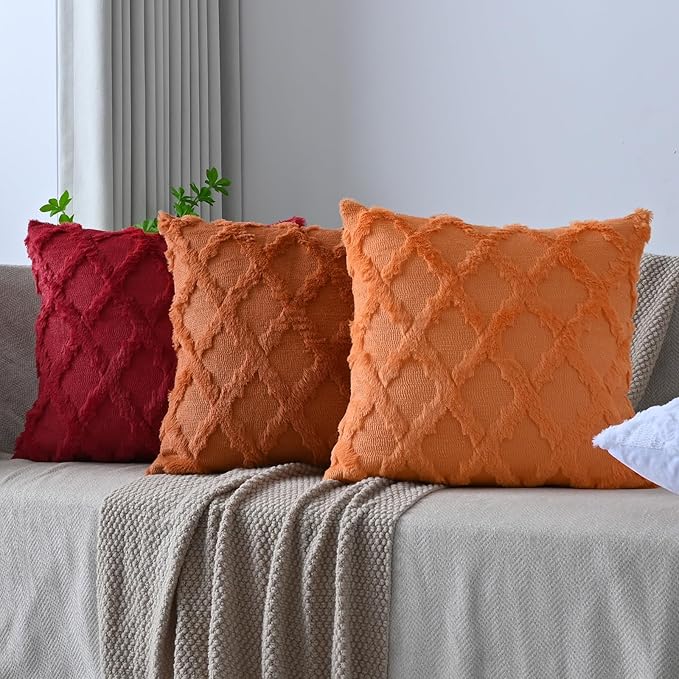 Set of 2 Soft Moroccan Throw Pillow Covers 18x18 Inch Plush Boho Decorative Pillow Cover Accent Cushion Case for Couch Sofa Bed, Orange