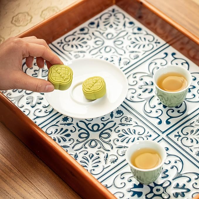 Rustic Wooden Frame Tray with Iron Printed Blue White Pattern, Mediterranean Style Decorative Serving Tray, Velvet Lined Base, Multi-Layer Construction for Home Decor and Organizing 15.6"x11.6"x2.2"