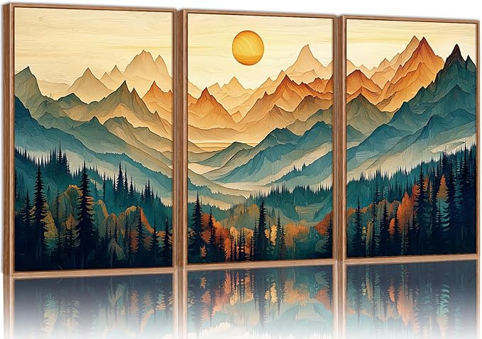 Tinonedraw Large Mountain Framed Canvas Wall Art Set of 3, Boho Nature Forest Wall Decor, Neutral Wooden Pine Trees Artwork, Sunrise Ridge Landscape Art Printing for Living Room Bedroom Office 24"x36"