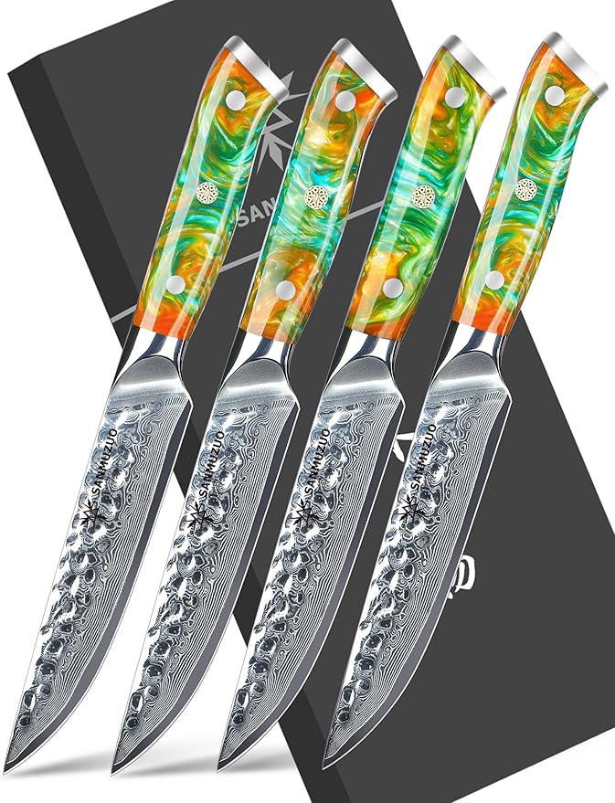 Steak Knives Set of 4, Ultra Sharp Kitchen Steak Knife 5 Inch - Forged Damascus Steel & Resin Handle - Yao Series