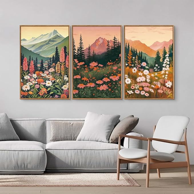 Tinonedraw Large Boho Mountain Framed Canvas Wall Art Set of 3, Colorful Wildflower Daisy Flowers Wall Decor, Bohemian Floral Forest Scenery Artwork, Modern Nature Landscape Art Prints for Bedroom Living Room Office 16"x24"