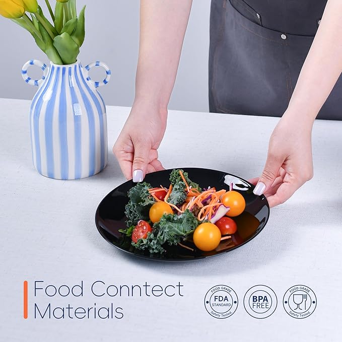 8.5 inch Salad Plate Set of 6, Lightweight Opal Glass Round Black Plates for Appetizer Dessert Kitchen, Dishwasher and Microwave Safe