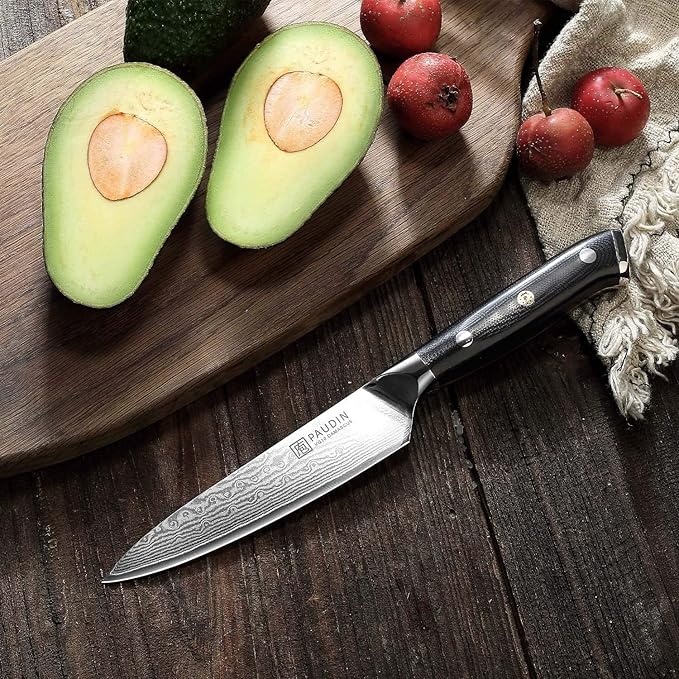 PAUDIN Utility Knife, Damascus Kitchen Knife, 67-Layer Forged Blade, Ultra Sharp Edge, Full Tang G10 Handle with Triple Rivets, 5'' Paring Knife for Cutting Fruit and Vegetables
