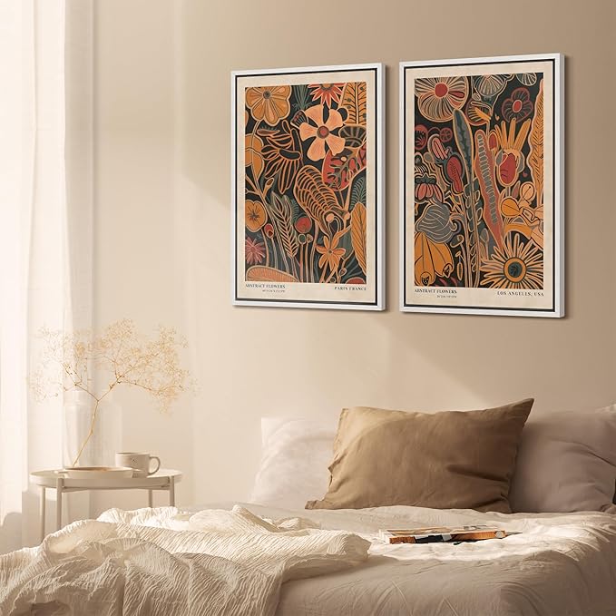 SIGNFORD Framed Canvas Print Wall Art Set Abstract Blossoms Vibrant Floral Illustration Modern Art Decorative Nordic Nature for Living Room, Bedroom, Office - 16"x24"x2 White