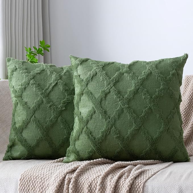 Set of 2 Soft Moroccan Throw Pillow Covers 18x18 Inch Plush Boho Decorative Pillow Cover Accent Cushion Case for Couch Sofa Bed, Olive Green