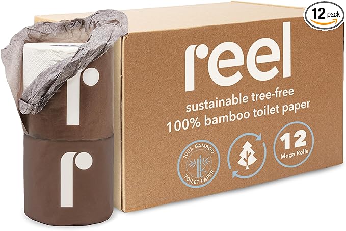Reel Premium Toilet Paper - 12 Rolls of Toilet Paper - 3-Ply Made from Tree-Free - Zero Plastic Packaging, Septic Safe
