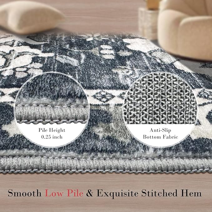 RUGSURE Washable Area Rugs - Perfect for Living Room, Bedroom, Kids Room, Nursery - Stain & Water Resistant Non-Slip, Pet & Child Friendly, Vintage Tribal Area Rugs (Grey, 2'6'' x 8')