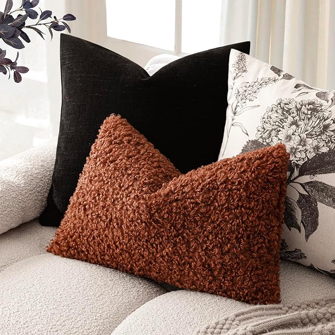 Foindtower Set of 2 Curly Teddy Wool Pillow Covers Decorative Boucle Textured Lumbar Throw Pillow Faux Fur Sherpa Pillowcases Sheepskin Fuzzy Cushion Case for Sofa Bedroom Car 12"x20" Hazel Brown