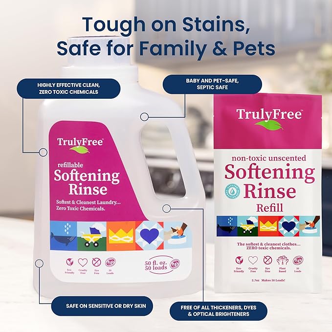 Fabric Softening Conditioner for Clothes| Safe for Babies & Kids with Sensitive Skin | Plant-Based | Include 1 Refillable 50oz Bottle with Measuring Cap| Unscented Rinse(50 Loads)