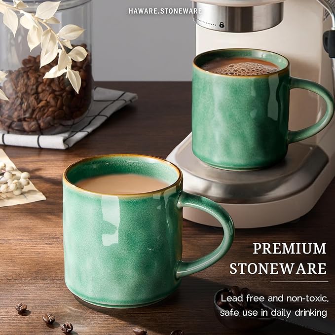 HaWare 14OZ Coffee Mugs Set of 4, Stoneware Coffee Cups with Handle, Latte Mug for Man, Woman, Dad, Mom, Modern Tea Mugs for Latte/Cappuccino/Cocoa/Milk, Dishwasher& Microwave Safe, Reactive Green