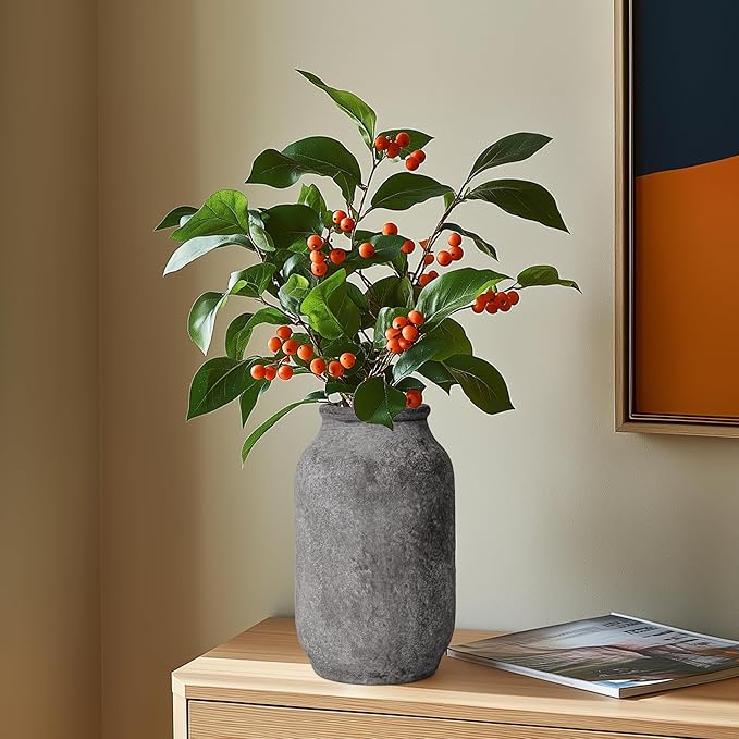 Rustic Ceramic Flower Vase, 9 inch Terracotta Farmhouse Pottery Vase for Home Decor, Farmhouse Decor, Living Room, Shelf, Office, Table Decoration